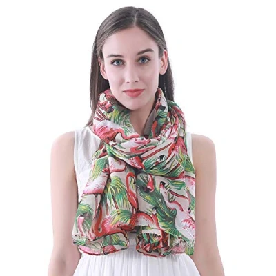 Image of Lina &amp; Lily Flamingo Print Women&#039;s Lightweight Scarf Shawl (Design B white)