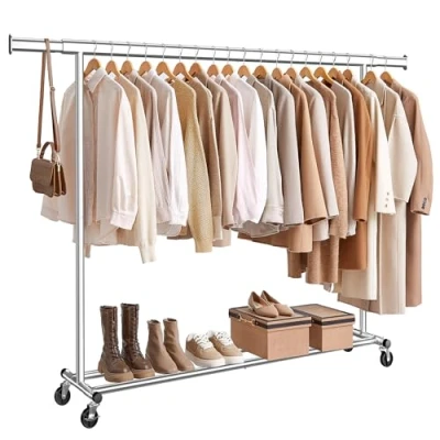 Image of SONGMICS Clothes Rack on Wheels, Heavy Duty Rail, 45 x (160 200) 161.5 cm, with Extendable Hanging 150 kg Load Capacity, Easy Assembly, Portable, Silver HSR175E01