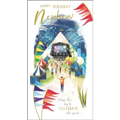 Image of Nephew Birthday Card Music Festival Design Special Finishes and Illustrated Insert Leaf Made in the UK