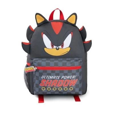 Image of Sonic The Hedgehog Kids 3D Shadow Backpack Black and Red &#039;Ultimate Power!&#039; Graphic School Bag Checkered Front Pocket Zip Gaming Rucksack Merch