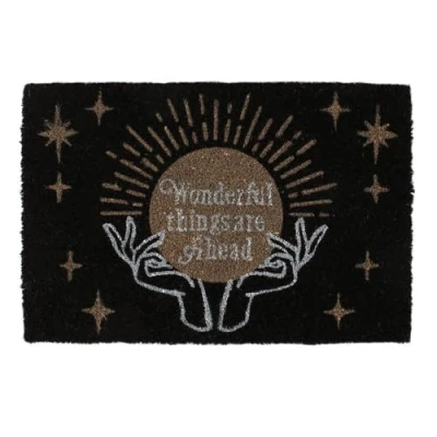 Image of Enchanting Black Fortune Teller Doormat 40cm x 60cm (1 Pc.) Gothic Giftware with Golden Crystal Ball Design, Welcoming Text &#039;Wonderful Things Are Ahead&#039; Perfect for Home Use