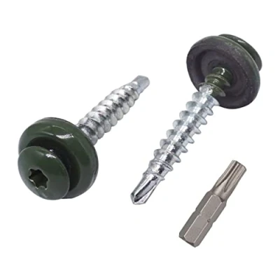 Image of (Pack of 60 pcs) Metal Roofing Torx Screws, 4.8 x 35 mm Painted Self Drilling Screws With EPDM Washers, Sheet Screw (60, Chrome Green RAL 6020)