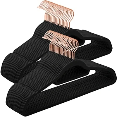 Image of SONGMICS Velvet Hangers, Set of 50 Coat Hangers for Clothes, Non Slip, with Tie Bar and 360 Swivel Hook, Space Saving, 0.6 cm Thick, 43.5 Long, Trousers, Rose Gold Black CRF21BK50