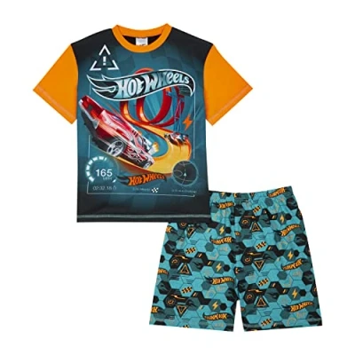 Image of Hot Wheels Boys Pyjamas Short Pjs, Ages 3 to 10 Years Old, Official Merchandise (as8, age, 7_years, 8_years, 7 8 Years) Orange