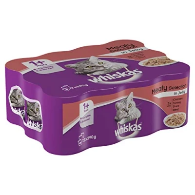 Image of whiskas 1+ Wet Cat Food for Adult Cats, Meaty Selection in Jelly, 24 Cans (24 x 390 g)