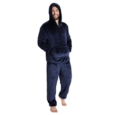 Image of CityComfort Mens Pyjamas Set, Warm Fleece for Men with Fluffy Hoodie (Navy, 2XL)