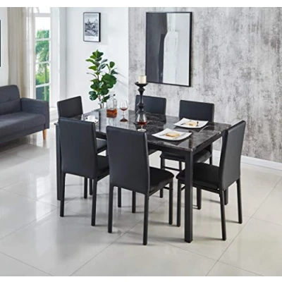 Image of Modernique Marble Effect MDF Gloss Finish Dining Table with 4/6 Chairs in Black Brown Grey, Metal Frame Matching Faux Leather Foam Padded Sets (Grey, 150 cm + 6 Chairs)