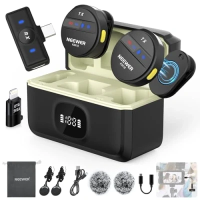 Image of Neewer Wireless Lavalier Microphone for iPhone Noise Cancelling Mini Lapel Mic Set with USB C/OTG/Charging Case 24H Battery Video Vlog Compatible 16 15 Android Phone PC Laptop, KM18