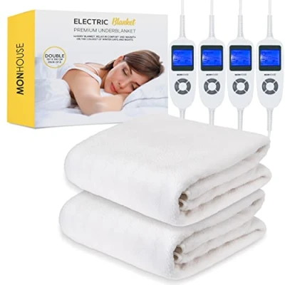 Image of MONHOUSE Premium Soft Fleece Electric Blanket Heated Under Double 135x190cm Fitted Mattress Cover Detachable &amp; Machine Washable Dual Controller Multi Zones, 9 Heat Settings