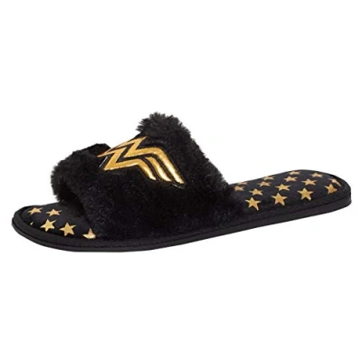 Image of DC Comics Wonder Woman Slippers Faux Fur Mules Open Toe Sliders House Shoes Black 7/8 UK