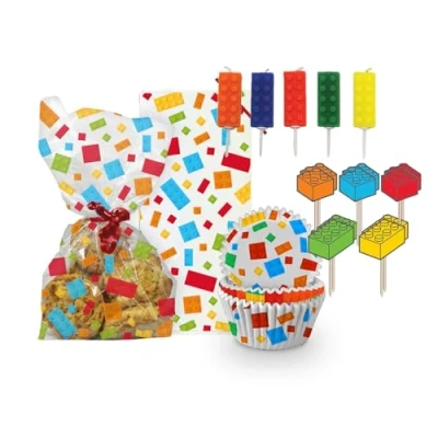 Image of Anniversary House Building Blocks Cake and Party Kit, Inc. 60 Cupcake Cases, 10 Toppers, 20 Treat Bags 5 Pick Candles, Decorations, AMZ022