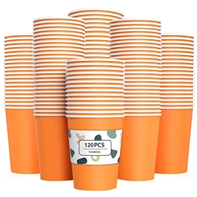 Image of YANGTE 120Pcs Orange Paper Cups 9oz Disposable Party Biodegradable and Compostable Drinking for Birthday Party, DIY, BBQ 250ml
