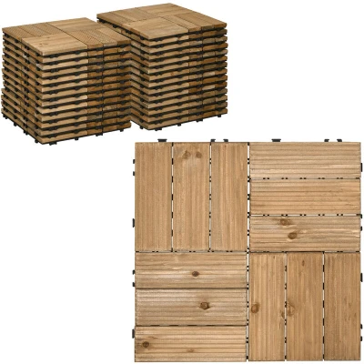 Image of Outsunny 27 Pcs Wooden Interlocking Decking Tiles, Outdoor Flooring Tiles for Patio, Balcony, Terrace, Hot Tub, 30 x cm per Piece, 2.5㎡ Pack, Brown
