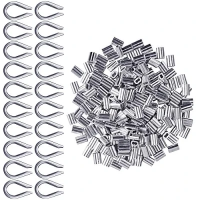 Image of Aluminum Sleeves Clips 200 pcs for Wire Rope 2mm Diameter Cable Thimbles Rigging Aluminium Double Ferrules Crimps + 20 M2 304 Stainless Steel Thimble(Silver Tone)