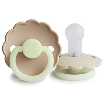 Image of FRIGG Daisy Night Silicone Pacifier Pack of 2 Soother Dummy Glow BPA Free Made in Denmark Symmetrical Cherry Shaped Nipple (Cream Night/Croissant (0 6 Months))