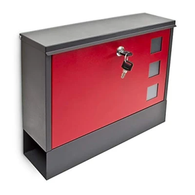 Image of Relaxdays Modern Two Coloured Mailbox Letterbox Lockable with Keys and Newspaper Slot, Black Red
