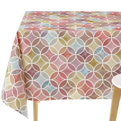 Image of KP HOME Waterproof PVC Wipe Clean Table Cloth Rectangular 118x55in 300x140cm Seamless Geometric Circles Wipeable Tablecloth Plastic Kitchen Vinyl Cover in Multicolour Purple Red