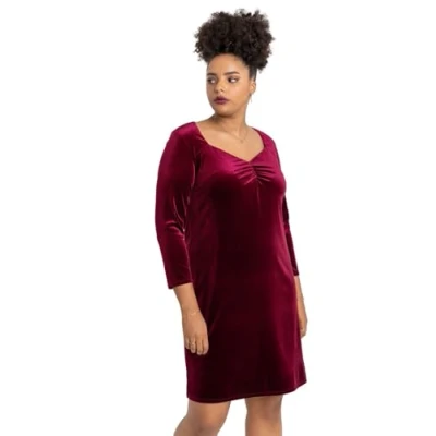 Image of Roman Curve Women Sweetheart Neck Velvet Dress Ladies Spring Everyday Summer Evening Vacation Work Holiday 3/4 Sleeve Smart Casual Wine Size 26
