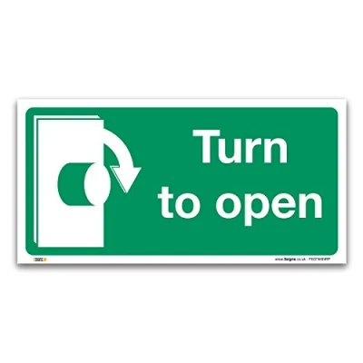 Image of Turn To Open Clockwise Sign, 1mm Rigid Plastic 100x50mm, British Standard Fire Safety Door Signs