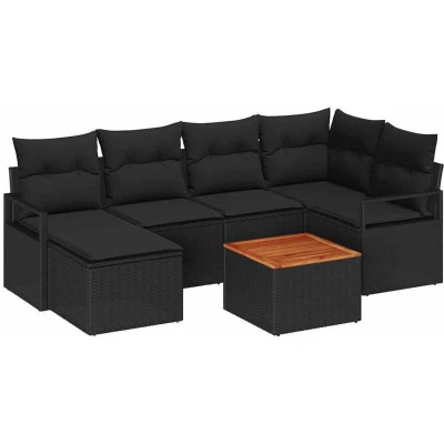 Image of vidaXL 7 Piece Garden Sofa Set with Cushions Black Poly Rattan Acacia