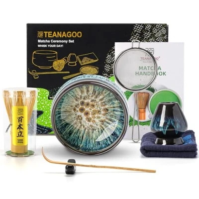 Image of TEANAGOO Matcha Tea Set, Japanese Bowl, Bamboo Whisk, Scoop, Sifter, Whisk Holder, Stand, Set N4,Matcha