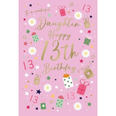 Image of ICG Wonderful Daughter 13th Birthday Card Age 13 Flowers, Presents and Stars Embossed with Foil Details