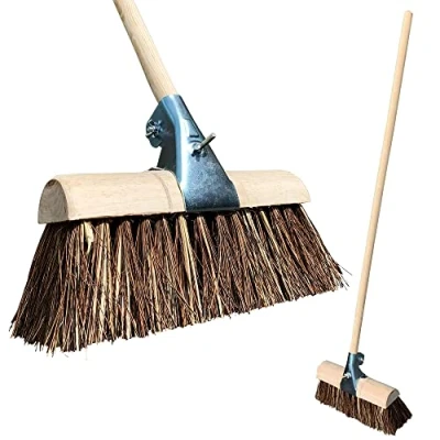 Image of Saddleback Yard Broom Outdoor Heavy Duty, 13 Saddle Curved Top Stiff with Bassine/Cane Bristles, Metal Clamp, and Long Wooden Handle, Hard Bristle for Stables &amp; Farm Yards