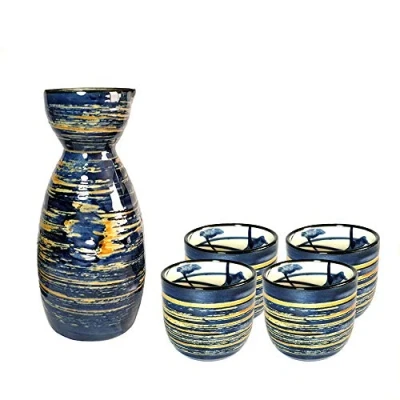 Image of Sake Set Japanese Cup Traditional Hand Painted Design Porcelain Pottery Ceramic Cups Crafts Wine Glasses 5 Piece (Blue Wise)