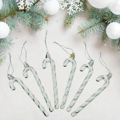 Image of Glitter Candy Cane Christmas Tree Hanging Decoration Bauble Xmas Ornament Pack of 6 13cm (Silver)