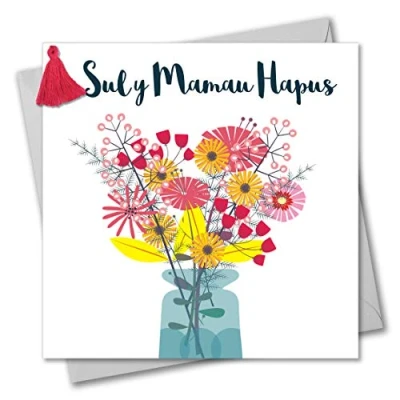 Image of Claire Giles Tassel Embellished Welsh Language Mother&#039;s Day Greeting Card, Bouquet in a Vase, Happy Day, Sul y Mamau Hapus,WMBL006
