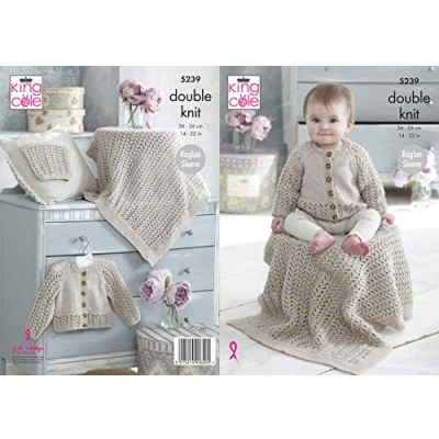 Image of King Cole 5239 Knitting Pattern. Baby Raglan Cardigan, Blanket &amp; Hat in Glitz DK for