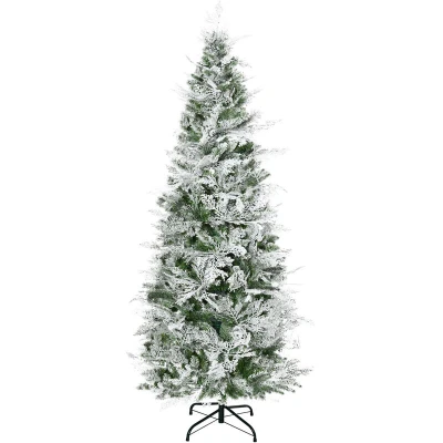 Image of HOMCOM 6 Ft Pencil Snow Flocked Artificial Christmas Tree with Realistic Cypress Branches, Auto Open, Green