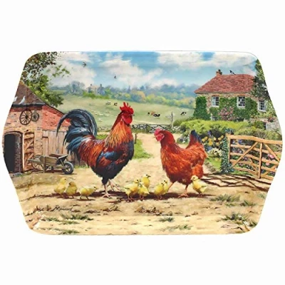 Image of Cockerel &amp; Hen Design Small Melamine Food Lunch Tea Coffee Snack Serving Tray
