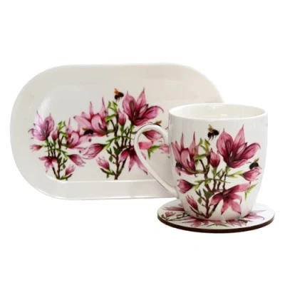 Image of Darthome Mug Coaster and Tray Set Pink Magnolia Flower Fine China Cork Melamine Serving