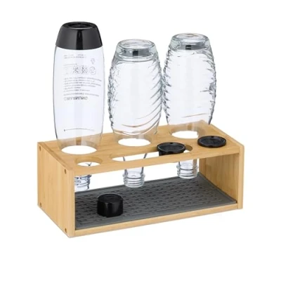 Image of Drying Rack for 3 Bottles, Compatable with Sodastream, Bamboo, Silicone Mat, 11 x 31 14.5 cm, Natural/Grey Relaxdays