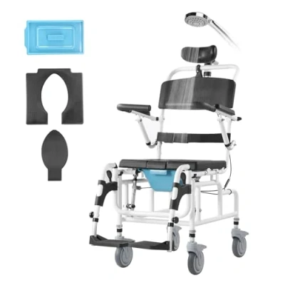 Image of VEVOR Shower Wheelchair, 17.5in Width Aluminum Alloy Bathroom Wheelchair for Inside Shower, Adjustable Rolling Chair w/Brake Disabled Adult, 300 lbs Capacity Transport