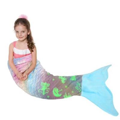 Image of Catalonia Classy Kit Mermaid Tail Blanket with Flannel Fleece, Fin Cuddle Sofa Sleeping Bag Camping Travel All Season Warm Washable, Blue Unicorn, 155 x 51 cm