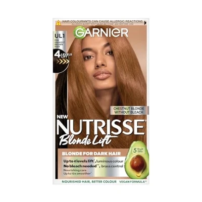 Image of Garnier Permanent Hair Colour, Nutrisse Blonde Lift, For Dark Hair, With Anti Brass Conditioner, Non Coloured Cruelty Free, Vegan Formula, Shade: UL1 Chestnut