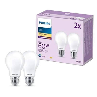 Image of PHILIPS LED Frosted A60 Light Bulb 2 Pack [Warm White 2700K E27 Edison Screw] 60W, Non Dimmable. for Home Indoor Lighting