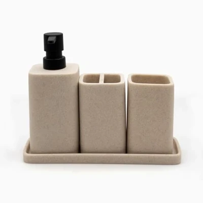Image of zccz Bathroom Accessory Set 4 Pieces Organiser with Toothbrush Holder, Soap Dispenser, Tumbler and Tray Decor Beige Accessories Organizer