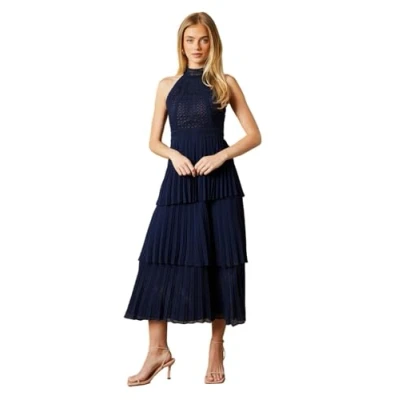 Image of Oasis Womens Lace Sleeveless Pleated Tiered Midaxi Dress Navy Size 8 UK