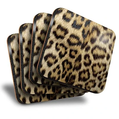 Image of Destination Vinyl ltd Great Coasters (Set of 4) Square Wild Animal Print Leopard Cat Fur Drink Glossy Coasters/Tabletop Protection for Any Table Type #46431
