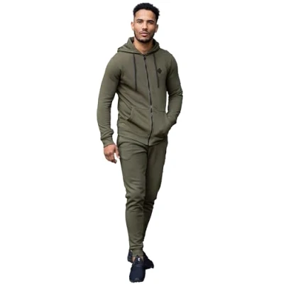 Image of 989Zé ENZO Mens Full TRACKSUIT Set Long Sleeve Zip Up Hoodie Jacket Sweatshirt and Casual Fleece Sweatpants Joggers HD577 + JG579 KHAKI XXL