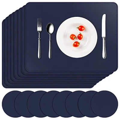 Image of APLKER Placemats and Coasters Set of 8, PU Leather Waterproof Dual Sided Table Mats Non Slip Washable Christmas Place for Home Kitchen Restaurant, 41 * 31 cm (Navy Blue)