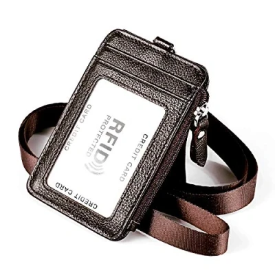 Image of RFID Blocking ID Badge Holder, Aileder 2 Sided Vertical Genuine Leather Credit Card Holder Wallet with 1 Window, 4 Slots, Side Zipper Pocket and Removable Neck Lanyard/Strap