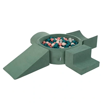 Image of KiddyMoon Foam Playground Velvet For Kids With Round Ballpit (300 Balls ∅ 7Cm/2.75In) Soft Obstacles Course And Ball Pool, Made In EU, Forest Green:Dark Turquoise/Pastel Beige/Greygreen/Salmon Pink