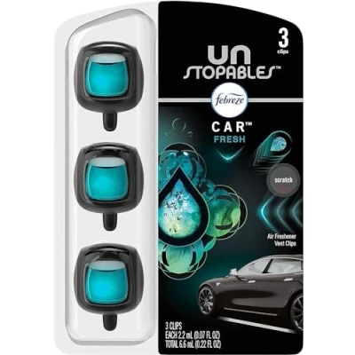 Image of Febreze Car Air Freshener vent Clip Unstoppables Fresh Scent, .07 oz Clip, Pack of 3