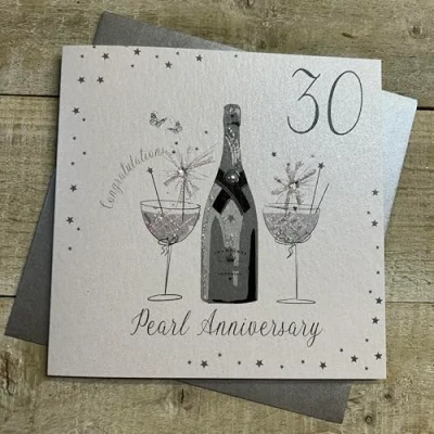 Image of White Cotton Cards 30 Pearl Anniversay Congratulations, Handmade 30th Anniversary Card (Champagne &amp; Chocolates, Code bd30)