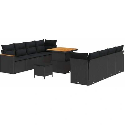 Image of vidaXL 11 Piece Garden Sofa Set with Cushions Black Poly Rattan Acacia