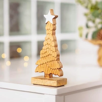 Image of Marco Paul Large Wooden Christmas Tree Star Ornament Statue Home Decoration 21cm Free Standing Table Centrepiece Tabletop Xmas Window Fireplace Natural White Shabby Chic